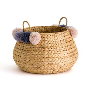 Natural Water Hyacinth Basket with Handles and Wool tassels