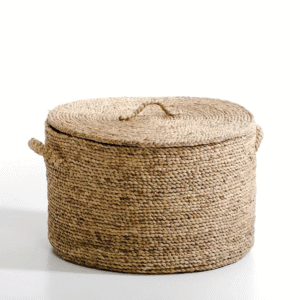 Low Round Water Hyacinth Woven Storage Basket with Lid and Handles, Storage Box for Livingroom Bedroom