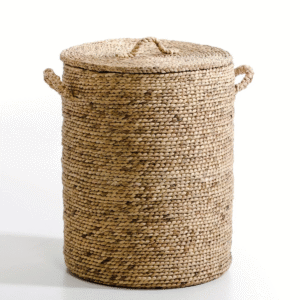 High Round Water Hyacinth Woven Storage Basket with Lid and Handles, Storage Box for Livingroom Bedroom
