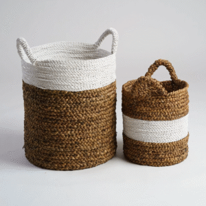 Set of Two Water Hyacinth Woven Baskets with Handles, Large and Medium Size